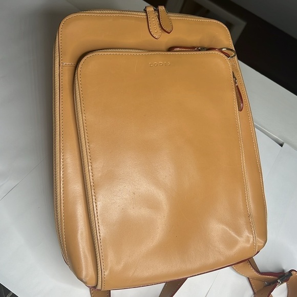 Lodis Tan Smooth Leather Slim Flat Backpack Bag - Picture 2 of 15